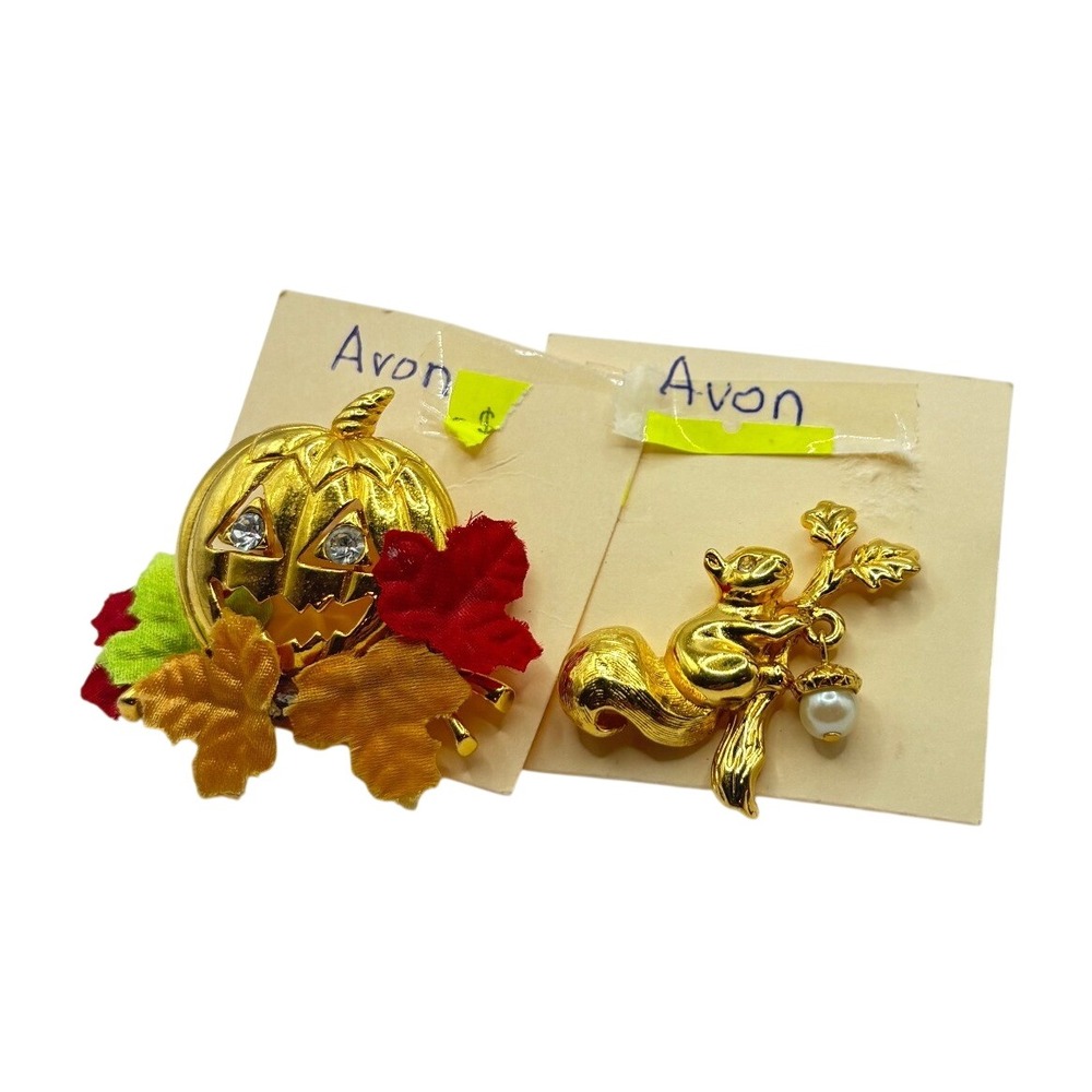 Vintage 1993 Avon Autumn Brooch Lot Gold Pumpkin Rhinestone Squirrel Pearl Pin